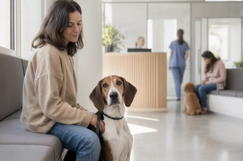 Ein English Foxhound sitzt ruhig neben seinem Besitzer im hellen Wartezimmer einer modernen Tierarztpraxis.